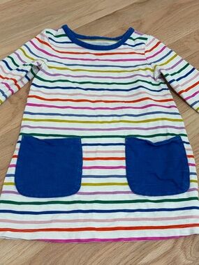 Mini Boden Rainbow Stripe Long Sleeve Dress with Blue Pockets size 3-4